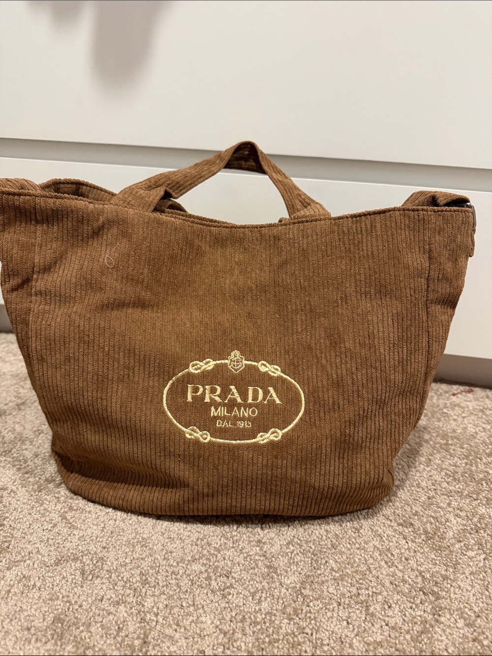 Prada Brown Corduroy Tote with Gold Logo Embroidery